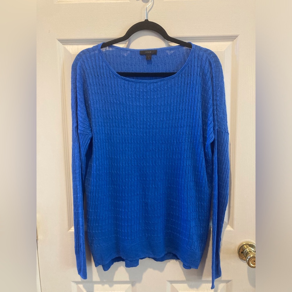 J.Crew Semi Sheer Linen Sapphire Blue Relaxed Pullover Crewneck Sweater Size LG